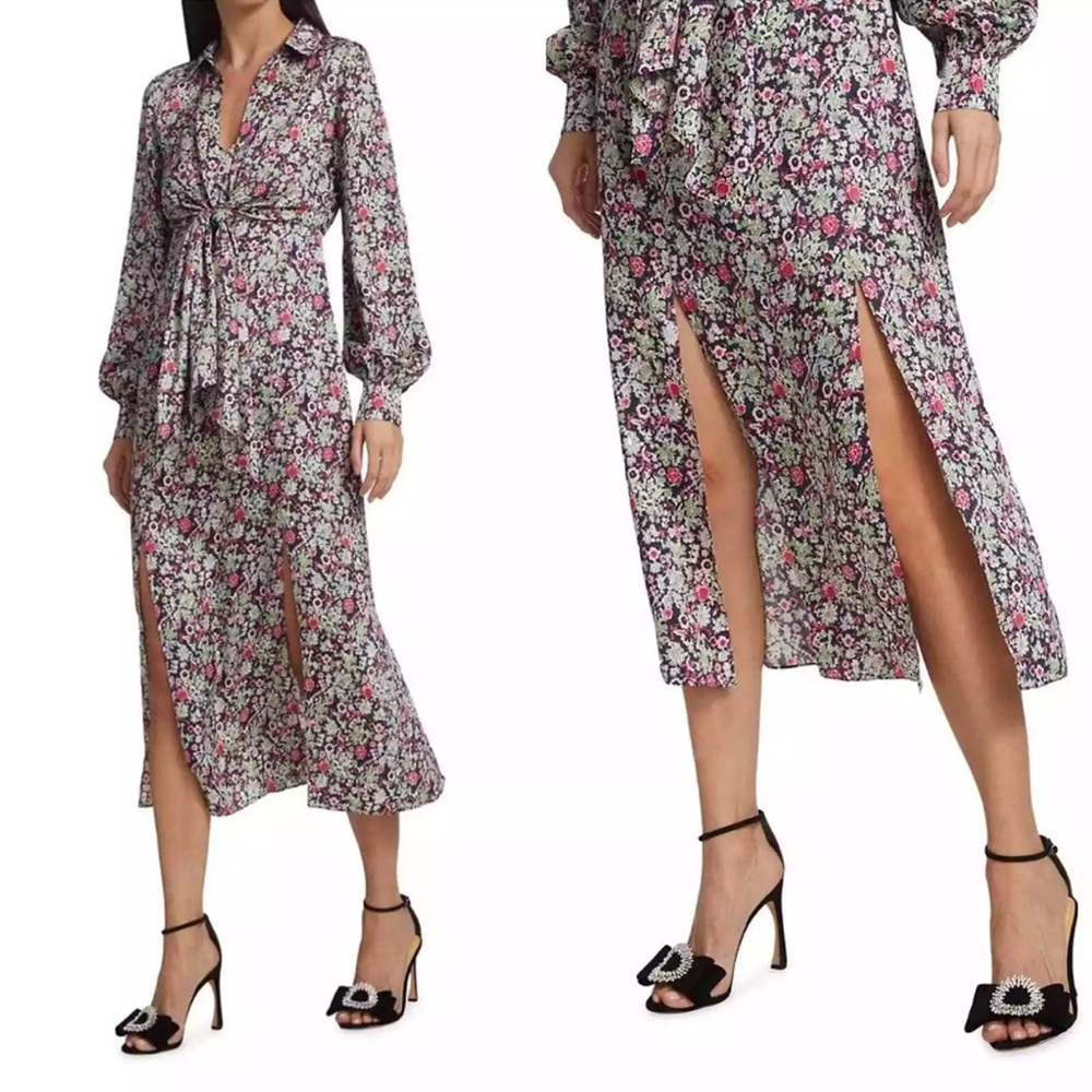 Cinq a Sept - Quin Floral Tie Midi Dress - size 6 - Layered Look, long Sleeve - Picture 14 of 15